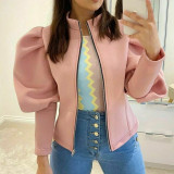 Sexy Short Zipped Jacket With Puff Sleeves