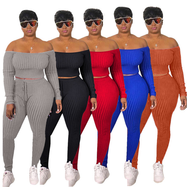 Casual Sports Knit Solid Color One-shoulder Suit