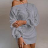 Casual Off-the-shoulder Lantern Sleeve Knitted Sweater Dress