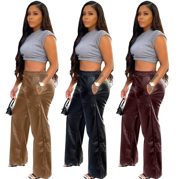 New Solid Color PU Leather Pants With Loose Wide Leg Pockets