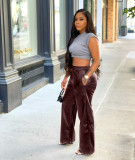 New Solid Color PU Leather Pants With Loose Wide Leg Pockets