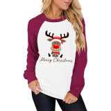 Christmas Print Color Block Casual Raglan Sweater