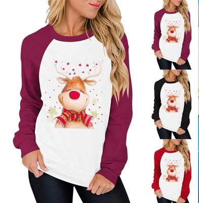 Christmas Print Color Block Casual Raglan Sweater