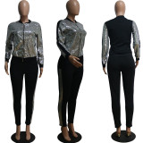 Fashion Sequin Stitching Zipper Suit