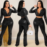Pure Color Bronzing Cloth Deep V Long Sleeve Waist Two-piece Suit