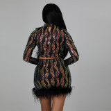 Autumn And Winter High Round Neck Beaded Feather Two-piece Set