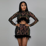 Autumn And Winter High Round Neck Beaded Feather Two-piece Set