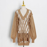 Reticulated Openwork Woven Lantern Sleeve Loose Sweater