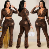 Pure Color Bronzing Cloth Deep V Long Sleeve Waist Two-piece Suit