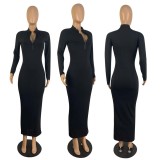 Sexy Solid Color Slim-fit Zipper Long-sleeved Skinny Long Dress
