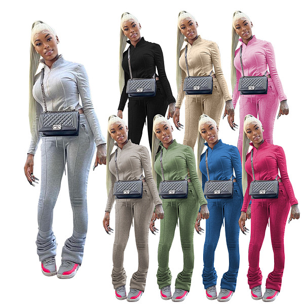 Drawstring Zipper Thumb Buckle Leisure Sports Two-piece Suit