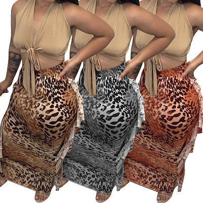 Leopard Print Skirt With Fringes On Both Sides