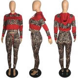 Hooded Leopard Print Stitching Two-piece With Pockets