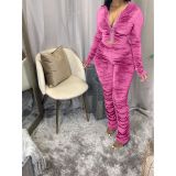 Pleated Solid Color Zipper Two-piece Suit