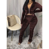 Pleated Solid Color Zipper Two-piece Suit