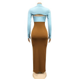 Fashion Hit Color Hollow Long-sleeved Split Long Skirt Two-piece Suit
