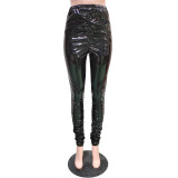 Pure Color Pleated Elastic Bright Leather PU Leather Pants