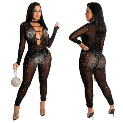 Fashion Sexy Mesh See-through Rhinestone Jumpsuit