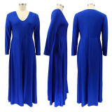 Large Size Solid Color V-neck Long-sleeved Mopping Dress