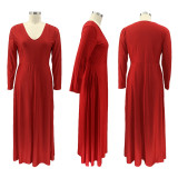 Large Size Solid Color V-neck Long-sleeved Mopping Dress