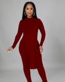 Solid Color Sexy Backless Irregular Long Sleeve Two-piece Suit