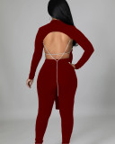 Solid Color Sexy Backless Irregular Long Sleeve Two-piece Suit