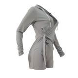 Solid Color V-neck Long-sleeved Hooded Jumpsuit
