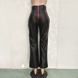 Solid Color Loose Wide-leg Leather Pants With Zipper On The Back Waist