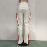 Slim-fit Side Webbing Leather Pants With Wooden Ears