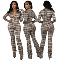 Fashion Slim-fit Pleated Print Plaid Jumpsuit