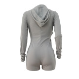 Solid Color V-neck Long-sleeved Hooded Jumpsuit