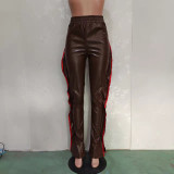 Slim-fit Side Webbing Leather Pants With Wooden Ears