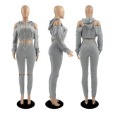Casual Hooded Off Shoulder Bandage Sweater Two-piece Set