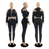 Casual Hooded Off Shoulder Bandage Sweater Two-piece Set