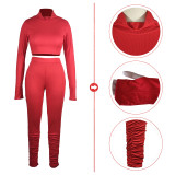 Threaded High Neck Finger Pullover Pleated Pants Suit