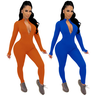 Solid Color Stand-up Collar Long Zipper Long-sleeved Jumpsuit