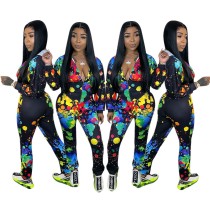Printed Stitching Zipper Hooded Two-piece Suit