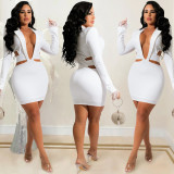 Hot Rhinestone V-neck Lapel Hollow Long Sleeve Dress