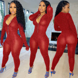 Fashion Solid Color Mesh Long-sleeved Jumpsuit