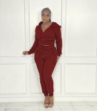 Pure Color Hooded Zipper Casual Two-piece Suit