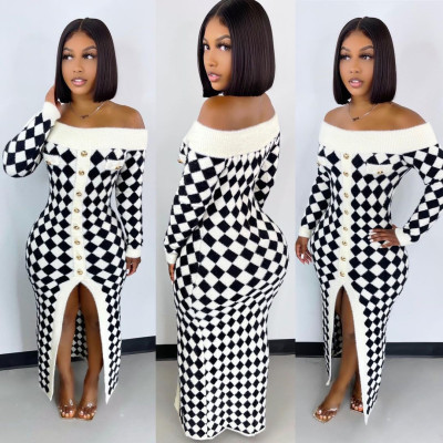 Houndstooth Contrast One-word Neck Tube Top Knitted Sweater Dress