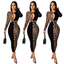 Long Sleeve Leopard Print Cutout Stitching Dress