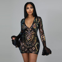 V-neck Flared Sleeve Sexy Sequined Dress