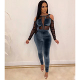Mesh Stitching Sexy Long-sleeved Off-the-shoulder Jumpsuit