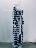 Houndstooth Contrast One-word Neck Tube Top Knitted Sweater Dress