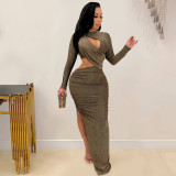 Solid Color Round Neck Long Sleeve Hollow Split Dress