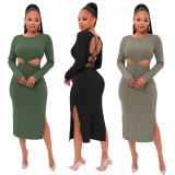 Solid Color Split Sling Pit Strip Sexy Buttocks Hollow Dress