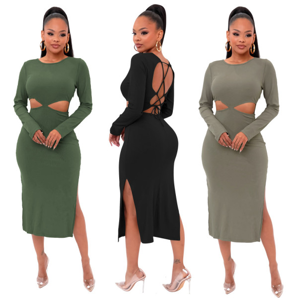 Solid Color Split Sling Pit Strip Sexy Buttocks Hollow Dress