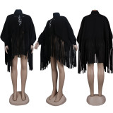 Fashion Solid Color Embroidery Long-sleeved Fringed Top