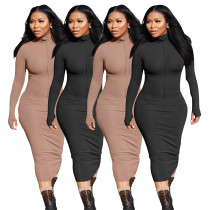 High Neck Pit Strip Solid Color Zipper Slimming Dress